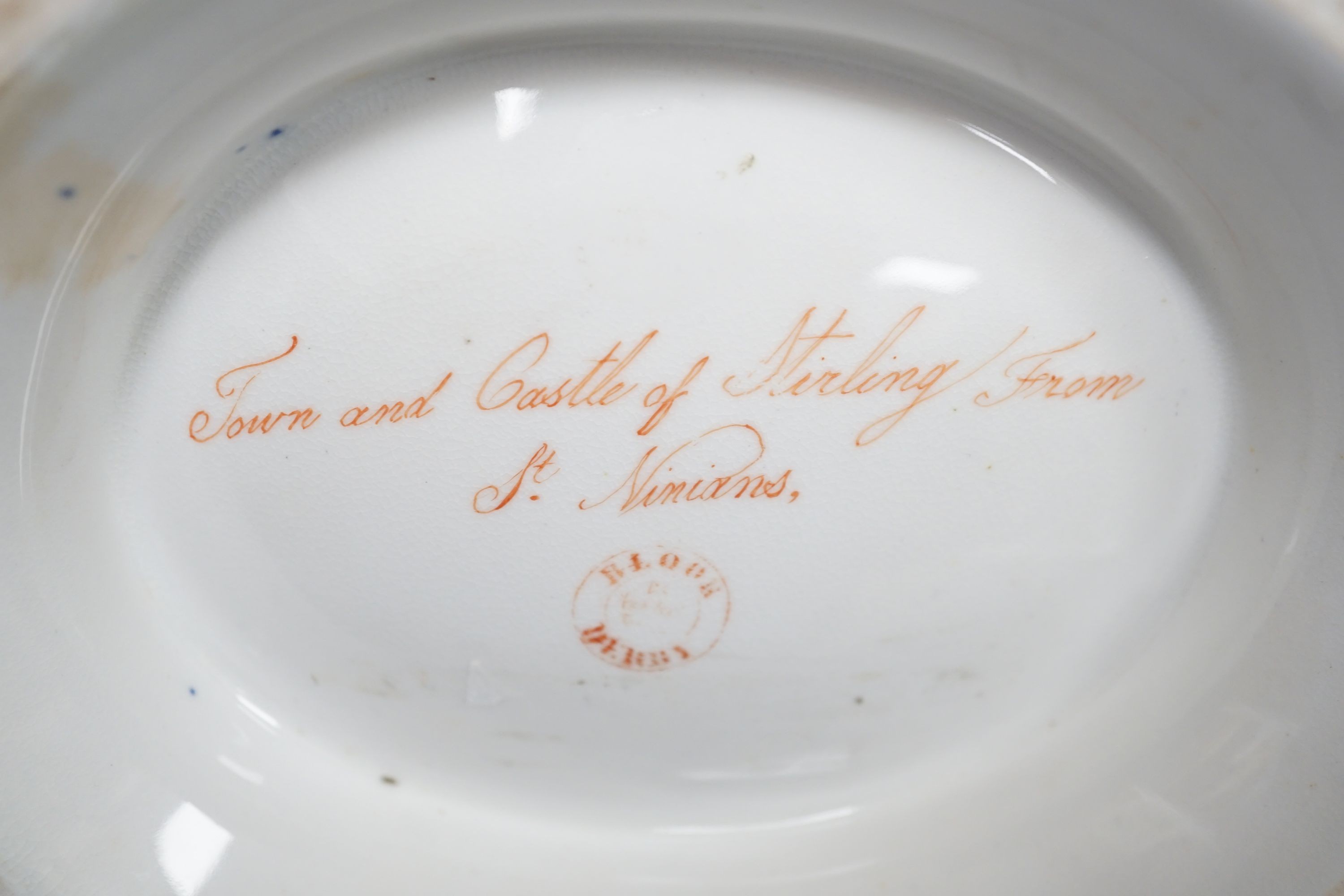 A Derby two handled pedestal dish with a named view of Sterling Castle, under a blue and gilt border probably by Daniel Lucas, c.1815, width 29cm